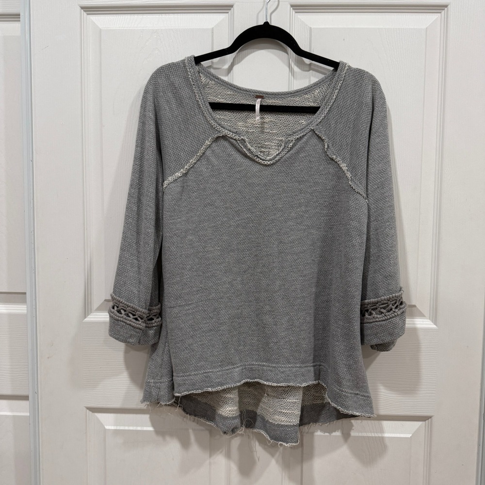 Free People Grey Woven Textured V Neck 3/4 Sleeve Tunic Top Sz‎ xs